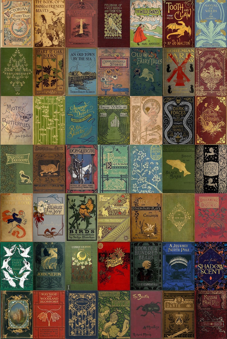 May include: A collage of vintage book covers with illustrations and text. The covers feature a variety of colors and designs, including green, blue, red, and gold. The titles of the books include "The Book of Saints and Friendly Beasts", "Wild Swans", "Tooth and Claw", "Moths and Butterflies", "Don Quixote", "The Rambling Botanist", "Birds Every Child Should Know", "A Journey North Pole", "The Beetle", and "Russian Fairy Tales".