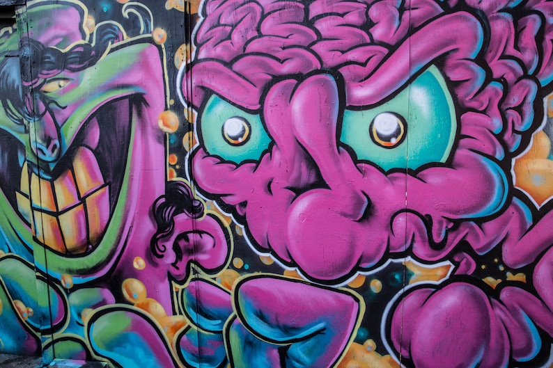 May include: A colourful graffiti mural depicting two cartoon faces. One face is green with a wide, toothy grin and the other is pink with a brain-like texture and large, green eyes.