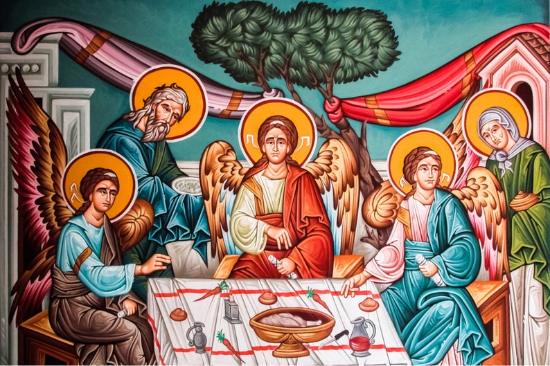 May include: A colourful painting depicting a scene of a meal with five figures. The figures are seated around a table with a bowl of food in the centre. The figures are wearing robes and have halos around their heads. The painting is done in a traditional style with bright colours and bold lines.