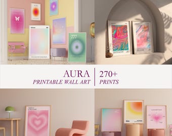 May include: A collection of framed aura art prints in various sizes and colors, including pink, purple, green, and orange. The prints feature abstract designs and text, with the words "AURA PRINTABLE WALL ART" and "270+ PRINTS" displayed.