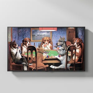 May include: A painting of seven dogs playing cards around a green table. The dogs are wearing collars and are sitting on chairs. The painting is set in a room with a blue wall and a red lamp.