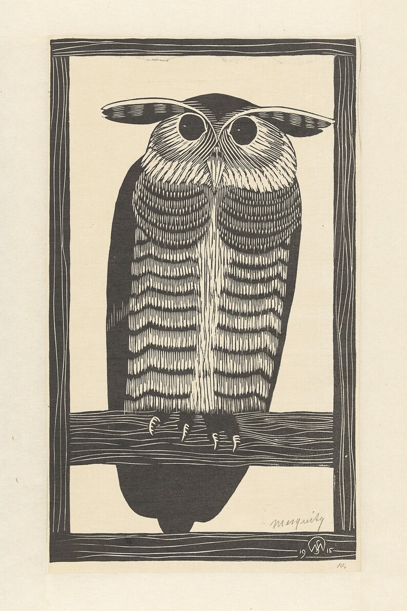 May include: A black and white woodcut print of an owl perched on a branch. The owl is looking directly at the viewer with large, round eyes. The print is framed in a simple black frame. The artist's signature and date are visible in the bottom right corner.