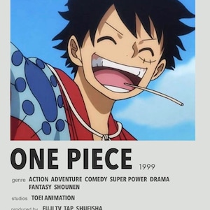 Pu&ograve; includere: Un'illustrazione digitale di un personaggio anime sorridente con capelli neri e una camicia rosso e blu. Il testo "ONE PIECE 1999" &egrave; sotto il personaggio. Il testo "genre ACTION ADVENTURE COMEDY SUPER POWER DRAMA FANTASY SHOUNEN" &egrave; sotto il testo "ONE PIECE 1999". Il testo "studios TOEI ANIMATION" &egrave; sotto il testo del genere. Il testo "produced by FUJI TV TAP SHUEISHA" &egrave; sotto il testo degli studi.