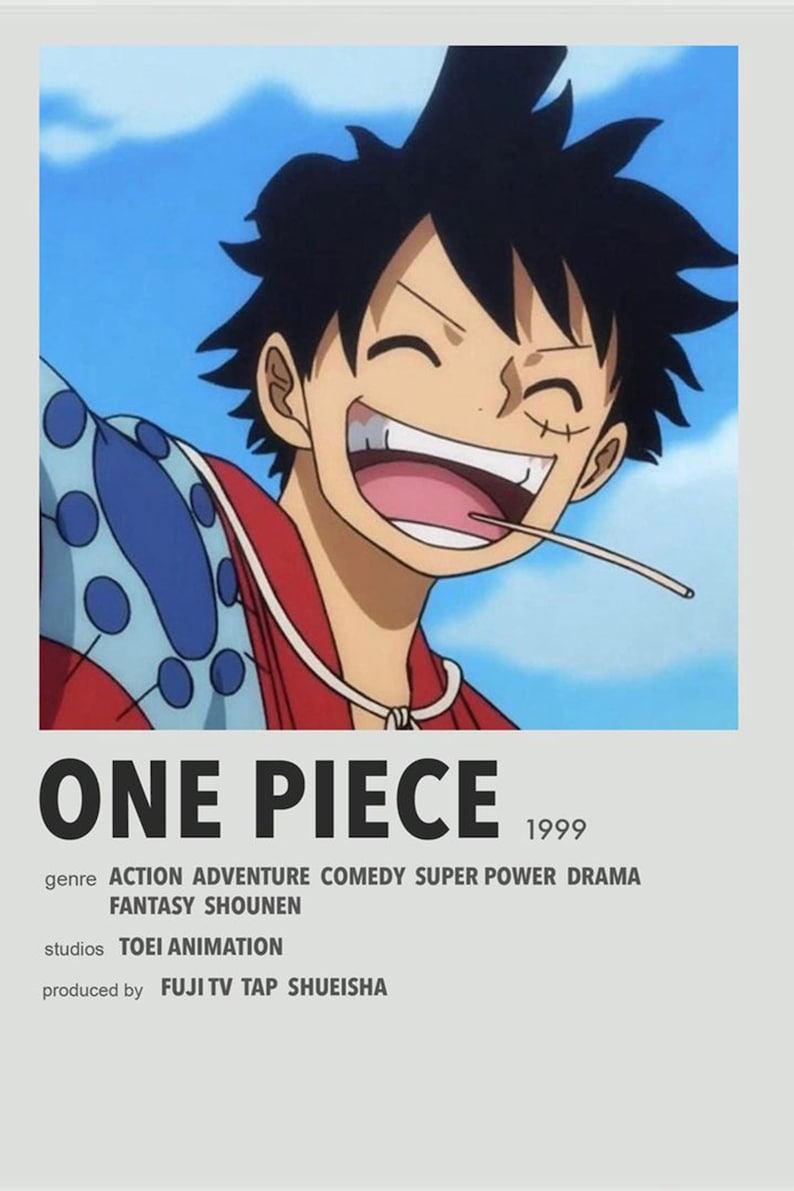 Pu&ograve; includere: Un'illustrazione digitale di un personaggio anime sorridente con capelli neri e una camicia rosso e blu. Il testo "ONE PIECE 1999" &egrave; sotto il personaggio. Il testo "genre ACTION ADVENTURE COMEDY SUPER POWER DRAMA FANTASY SHOUNEN" &egrave; sotto il testo "ONE PIECE 1999". Il testo "studios TOEI ANIMATION" &egrave; sotto il testo del genere. Il testo "produced by FUJI TV TAP SHUEISHA" &egrave; sotto il testo degli studi.