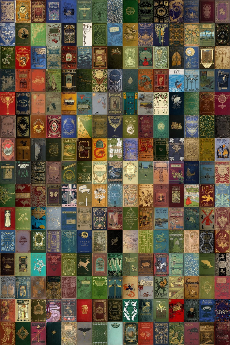 May include: A collage of vintage book covers with various designs and colors. The covers feature illustrations, text, and decorative elements. The books are arranged in a grid pattern.