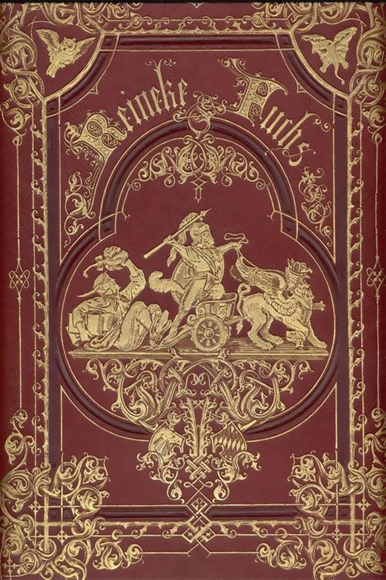 May include: A red leather-bound book with gold embossed lettering and illustrations. The title of the book is "Grimme's Folks". The cover features a scene of a man riding a chariot pulled by a griffin.