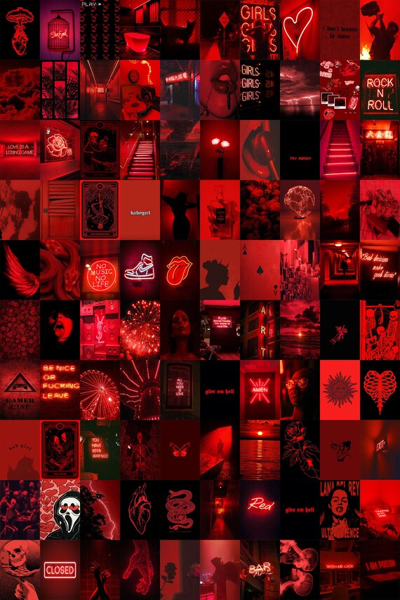 Red Aesthetic Wall Collage Kit 100 Pcs Neon Red Aesthetic Etsy