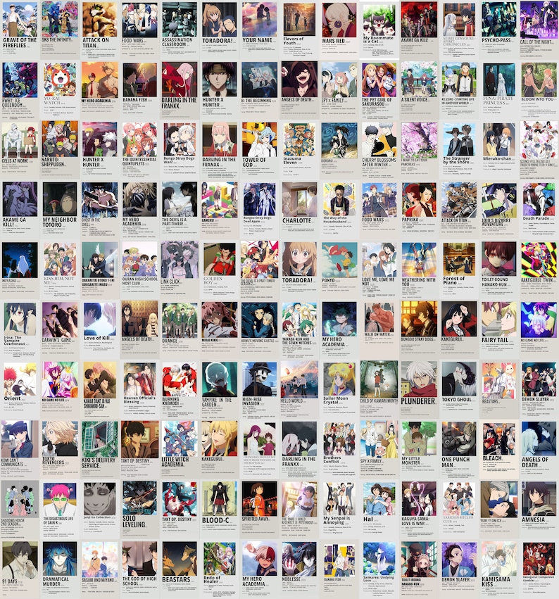 Pu&ograve; includere: Un collage di 81 design di poster di anime con vari personaggi e titoli. I poster sono disposti in una griglia e hanno un'estetica retr&ograve;. Alcuni dei titoli includono "L'Attacco dei Giganti", "Your Name", "Toradora!", "My Hero Academia", "Death Parade", "Fairy Tail", "One Punch Man", "Bleach" e "Angeli della Morte".
