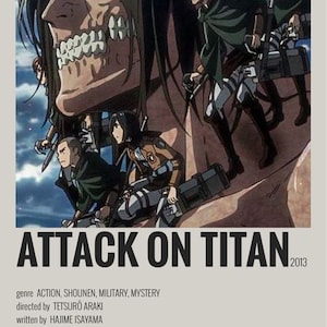 Pu&ograve; includere: Un poster per la serie anime "L'Attacco dei Giganti" con una creatura umanoide gigante con denti affilati e un gruppo di personaggi in primo piano. Il poster include il titolo "L'Attacco dei Giganti" e l'anno "2013".