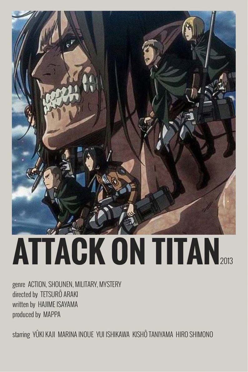 Pu&ograve; includere: Un poster per la serie anime "L'Attacco dei Giganti" con una creatura umanoide gigante con denti affilati e un gruppo di personaggi in primo piano. Il poster include il titolo "L'Attacco dei Giganti" e l'anno "2013".