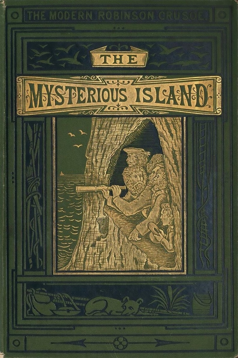 May include: A green book cover with gold lettering that reads "The Mysterious Island". The cover features an illustration of a group of men looking through a telescope from a cave.