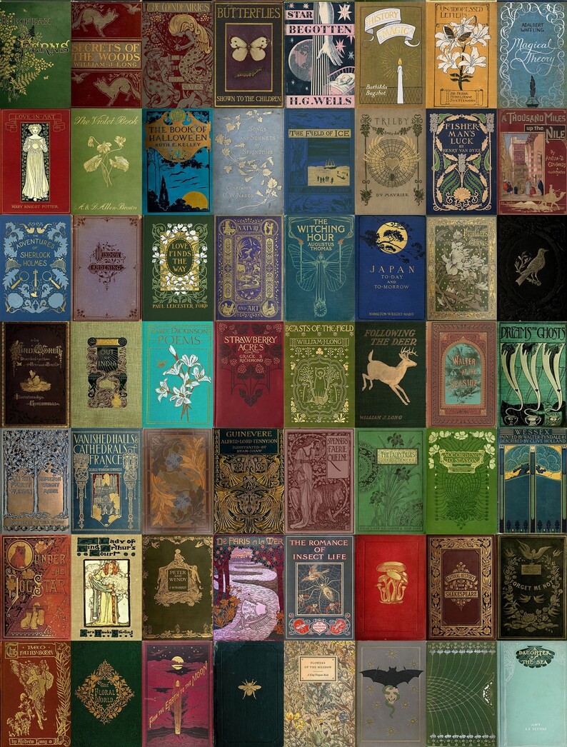 May include: A collage of vintage book covers with various illustrations and titles. The covers feature a variety of colors, including green, blue, red, and gold. Some of the titles include "Secrets of the Woods", "The Witching Hour", "Following the Deer", and "Dreams and Ghosts".