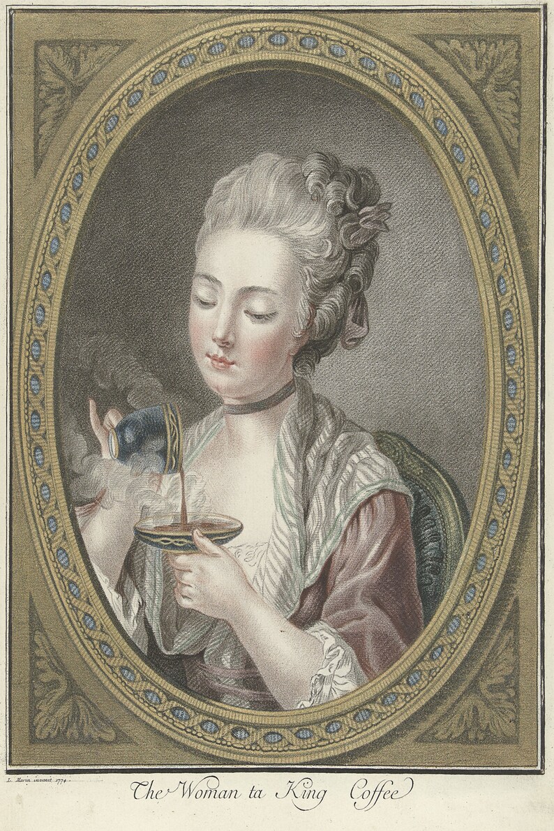May include: A woman in a pink and white striped dress pours coffee from a blue and gold cup into another cup. The image is framed in a gold oval with blue and gold accents. The text "The Woman ta King Coffee" is below the image.
