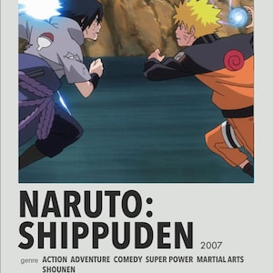 Pu&ograve; includere: Un poster per la serie anime Naruto: Shippuden. Il poster presenta due personaggi, Naruto e Sasuke, in una posa di combattimento. Il poster &egrave; in stile minimalista con uno sfondo bianco e testo nero. Il testo sul poster recita "Naruto: Shippuden" e "2007".