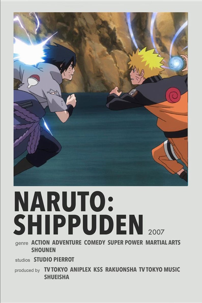 Pu&ograve; includere: Un poster per la serie anime Naruto: Shippuden. Il poster presenta due personaggi, Naruto e Sasuke, in una posa di combattimento. Il poster &egrave; in stile minimalista con uno sfondo bianco e testo nero. Il testo sul poster recita "Naruto: Shippuden" e "2007".