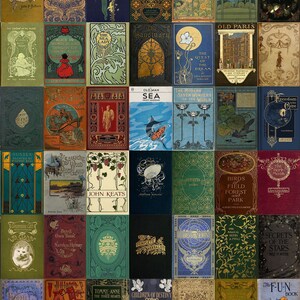 May include: A collage of vintage book covers with a variety of colors, designs, and titles. The covers feature illustrations of animals, plants, and people, as well as decorative patterns and lettering. The books are arranged in a grid pattern, creating a visually appealing and eclectic display.