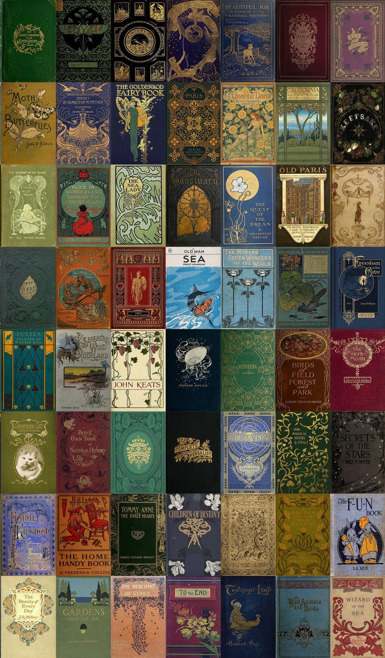 May include: A collage of vintage book covers with a variety of colors, designs, and titles. The covers feature illustrations of animals, plants, and people, as well as decorative patterns and lettering. The books are arranged in a grid pattern, creating a visually appealing and eclectic display.