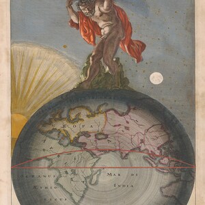 May include: A vintage illustration of Atlas, a Titan in Greek mythology, holding up the Earth. The Earth is depicted as a globe with continents outlined in brown and red. The background is a blue sky with stars and a sun.