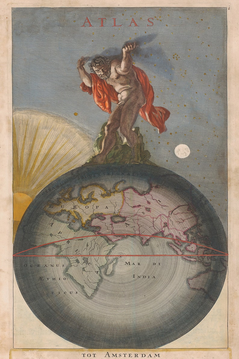 May include: A vintage illustration of Atlas, a Titan in Greek mythology, holding up the Earth. The Earth is depicted as a globe with continents outlined in brown and red. The background is a blue sky with stars and a sun.