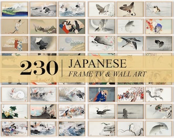 May include: A collage of 230 Japanese-inspired images, featuring traditional art, nature scenes, and cultural motifs. The images are framed and ready to be used as wall art or to decorate a TV.