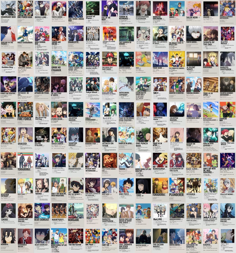Pu&ograve; includere: Un collage di 81 poster di anime con una variet&agrave; di personaggi e scene. I poster sono disposti in una griglia e presentano una variet&agrave; di colori e stili.