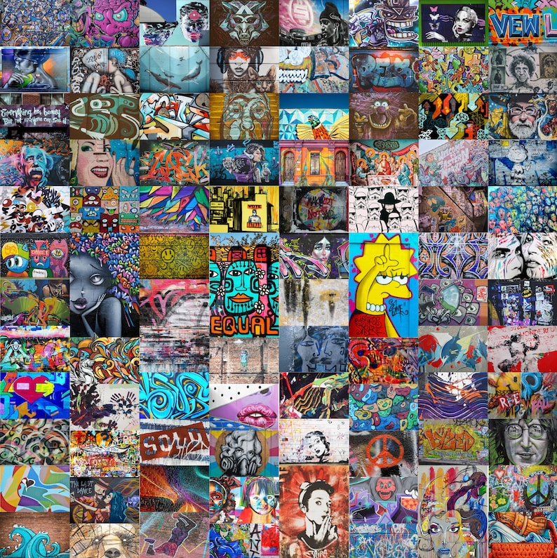 May include: A colourful collage of graffiti art featuring various characters, symbols and designs. The collage is made up of many small squares, each with a different piece of art. The art is in a variety of styles, including abstract, realistic and cartoonish. The colours are bright and vibrant, and the overall effect is energetic and chaotic.