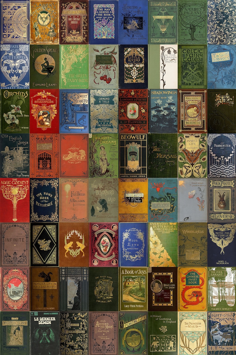May include: A collage of vintage book covers with a variety of colors, designs, and titles. The covers feature illustrations of nature, animals, and people. Some of the titles include "The Home Book of Picturesque", "The Mermaid", "The Chinese Fairy Book", and "The Princess Maud".