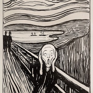 May include: A black and white woodcut print of Edvard Munch's The Scream. The image shows a figure with a distorted face, hands over ears, standing on a bridge. The background features a swirling sky and a landscape.