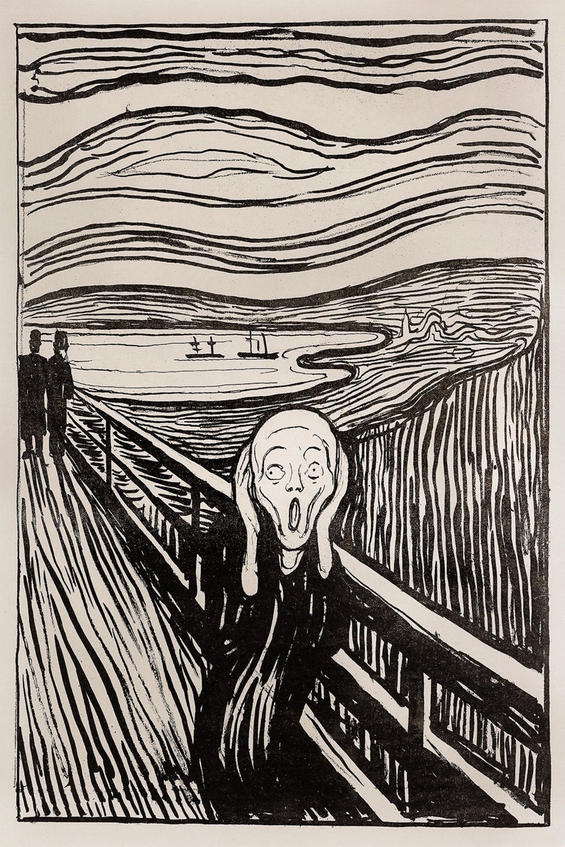 May include: A black and white woodcut print of Edvard Munch's The Scream. The image shows a figure with a distorted face, hands over ears, standing on a bridge. The background features a swirling sky and a landscape.