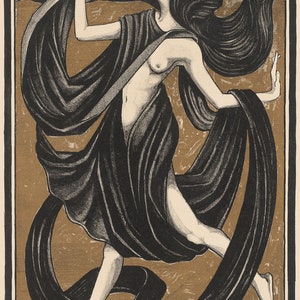 May include: A black and white illustration of a woman with long flowing hair, wearing a long black robe. The woman is dancing and her robe is flowing around her. The background is a gold colour.