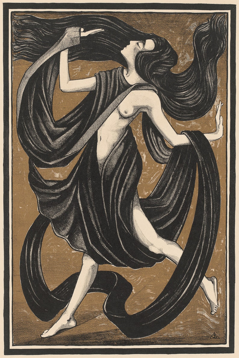 May include: A black and white illustration of a woman with long flowing hair, wearing a long black robe. The woman is dancing and her robe is flowing around her. The background is a gold colour.