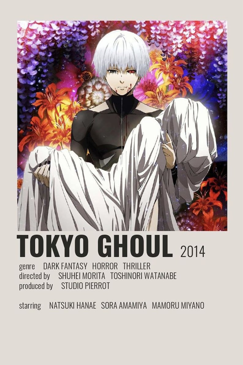 Pu&ograve; includere: Poster anime per Tokyo Ghoul, una serie di dark fantasy, horror e thriller. Il poster presenta un personaggio con i capelli bianchi e gli occhi rossi, che tiene un panno bianco. Il testo sul poster recita "Tokyo Ghoul 2014", "genere DARK FANTASY HORROR THRILLER", "diretto da SHUHEI MORITA TOSHINORI WATANABE", "prodotto da STUDIO PIERROT", e "con NATSUKI HANAE SORA AMAMIYA MAMORU MIYANO".