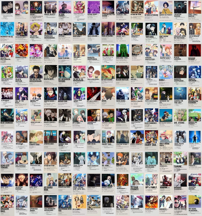 Pu&ograve; includere: Un collage di 100 poster di anime con sfondo bianco. Ogni poster presenta un titolo e personaggi di anime diversi. I poster sono disposti in una griglia.
