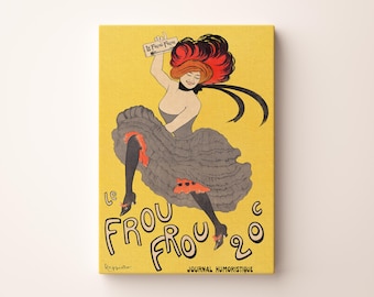 May include: Canvas art print of a vintage advertisement for "Le Frou Frou" featuring a woman in a gray dress with red accents, a large red and black headdress, and the text "Le Frou Frou" and "Journal Humoristique" on a yellow background.