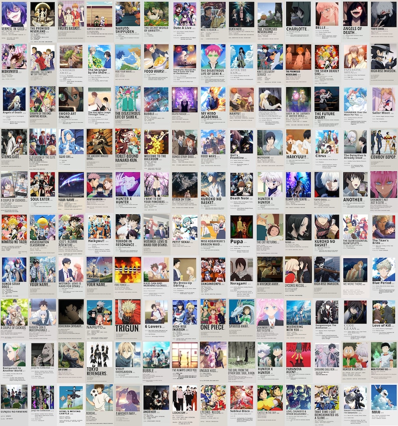 Pu&ograve; includere: Un collage di 64 poster di anime con una variet&agrave; di personaggi e scene. I poster sono disposti in una griglia e presentano un'estetica minimalista con uno sfondo bianco e testo nero. I poster includono titoli come "Horimiya", "Soul Eater", "Your Name", "Hunter x Hunter", "Death Note", "One Piece", "Tokyo Revengers" e "Trigun".