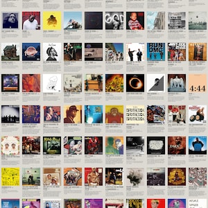 May include: A grid of album covers featuring various hip-hop artists. The album art varies in style, with some featuring portraits, graphic designs, and abstract imagery. The collection includes albums by DMX, Run DMC, and others.