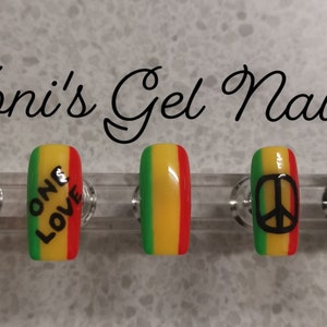 Reggae Nails - Rastafarian - Jamaica - false nails - Press on Nails - Peace - Love - Long Square Nails - Bob Marley - free hand - gel polish