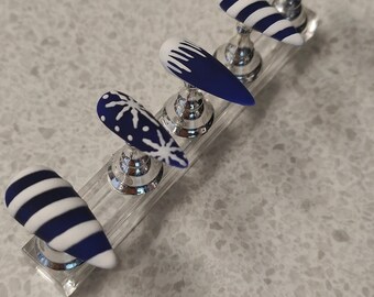 Blue Snowflake Christmas stripe nails - long stiletto nails - false nails - press on nails - custom handmade - gel polish - freehand