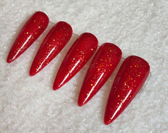 Red Glitter Nails - Long Stiletto - Christmas - Valentine&#39;s - All Occasions - Press On Nails - Custom Handmade - Gel Polish