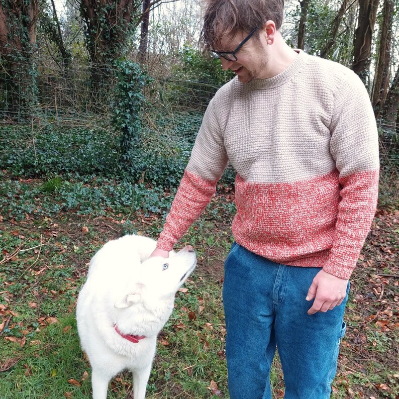 May include: A man with brown hair and a beard is wearing a beige and red sweater and blue jeans. He is petting a white dog with a red collar.