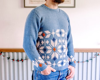 Men's Nordic Tunisian Crochet Christmas Sweater Pattern; Winter Walk jumper (Digital PDF Download)
