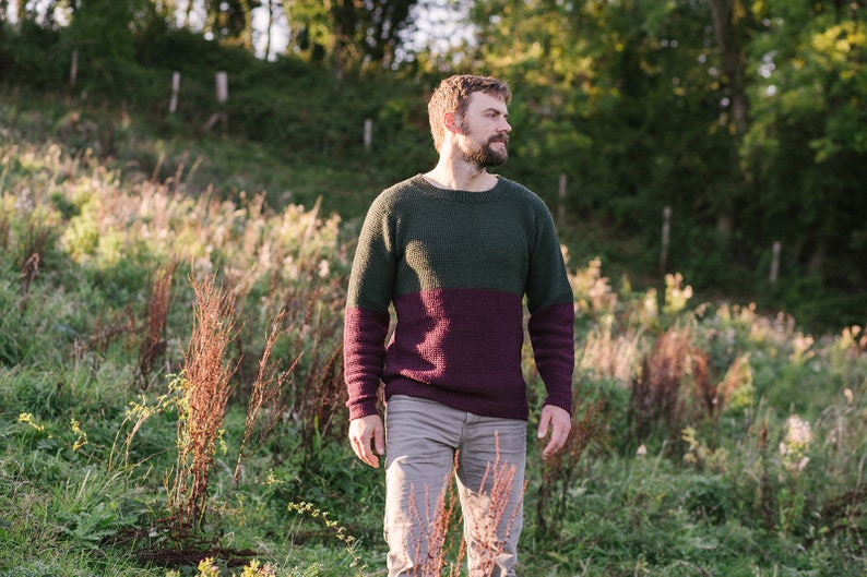 May include: A man wearing a green and burgundy sweater stands in a field of tall grass. The sweater has a horizontal color block design.
