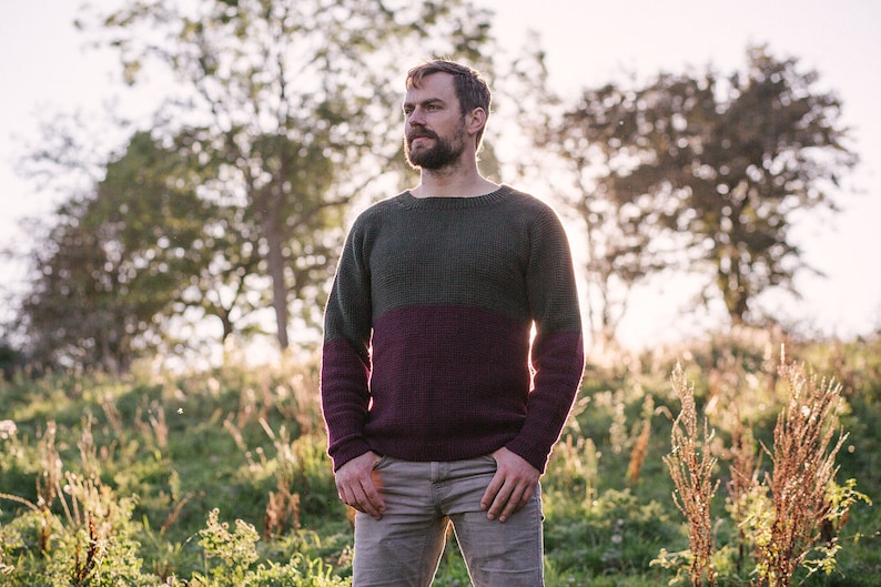May include: A man wearing a green and burgundy sweater stands in a field of tall grass. He is looking off to the side, and the sun is shining behind him.