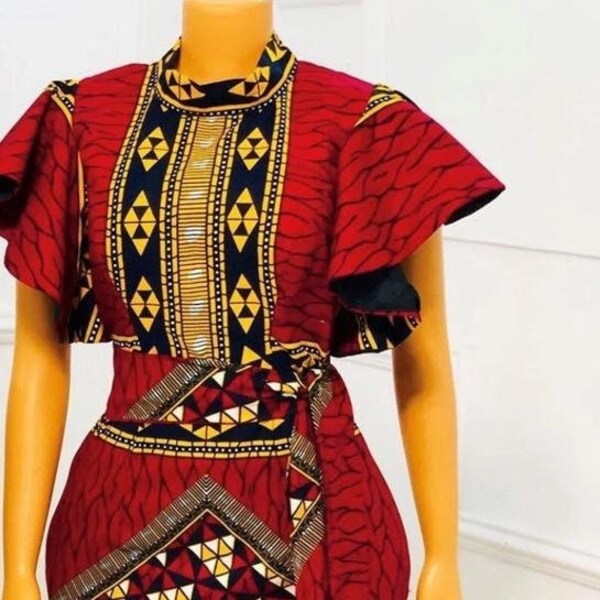 Robe courte rouge multi-longue africaine Ankara grande taille avec couvre-chef et masque de nez gratuits