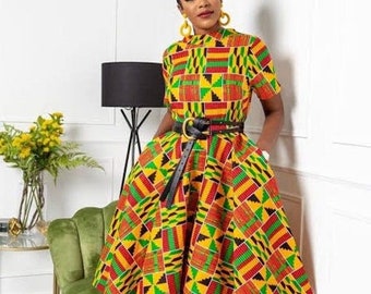 Robe de soirée africaine kente courte et grande taille jaune vert avec serre-tête et masque nasal gratuits