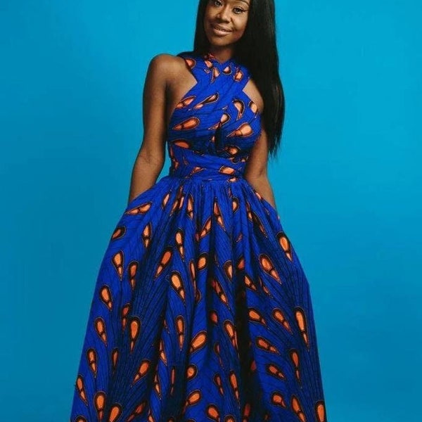 Royal Blue Orange African Ankara Print Plus Size Clothing Party Maxi Infinity Dress with Free Headwrap and Nose mask