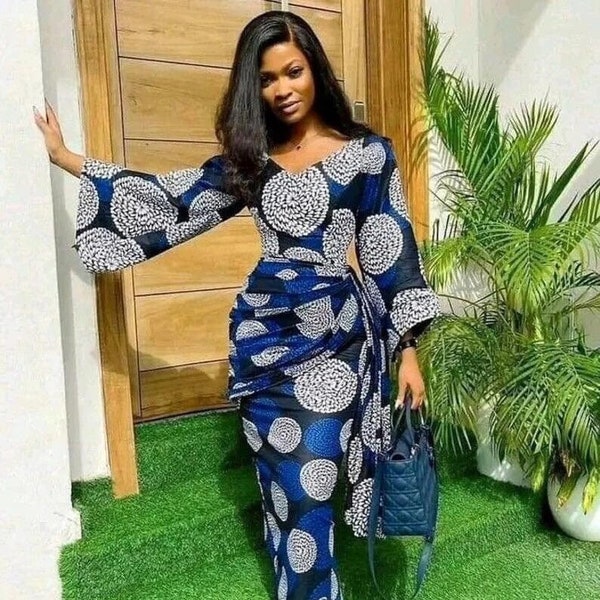 Robe ceinture grande taille imprimé africain Ankara bleu blanc, robe de soirée invité mariage africain Ankara avec couvre-chef et masque de nez gratuits