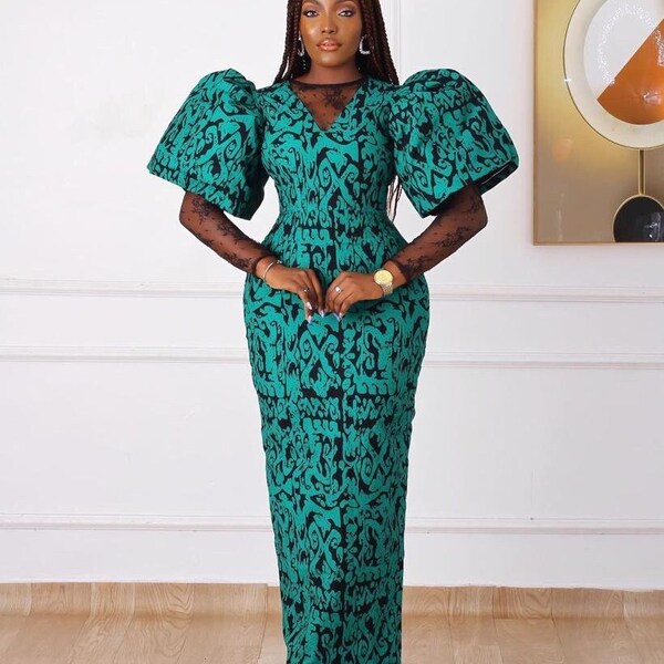 Robe de soirée verte multi longue africaine Ankara Plus avec couvre-chef gratuit et Nosemask