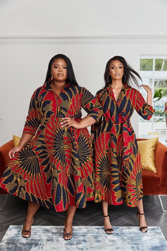 Navy Blue Red Plus Size African Ankara Print Long Shirt Dress With