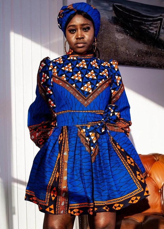 Royal Blue With Orange Patterned African Ankara Print Short Dress